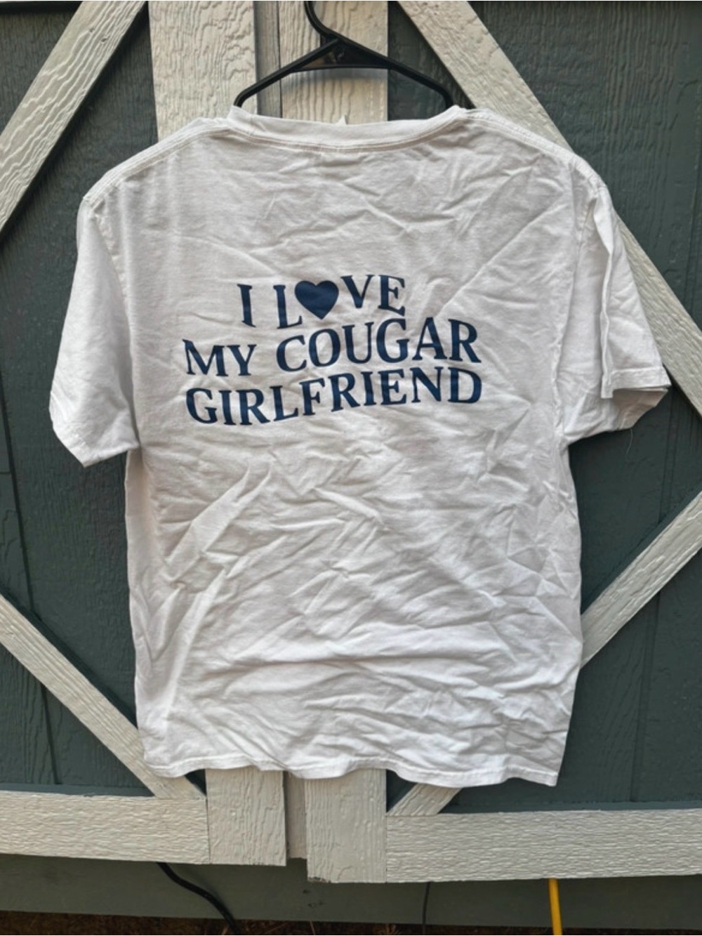 White mens “I Love My Cougar Girlfriend" Graphic Tee